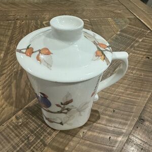 Teavana Porcelain Tea Cup W/ Lid Flowers And Birds . No Infuser.